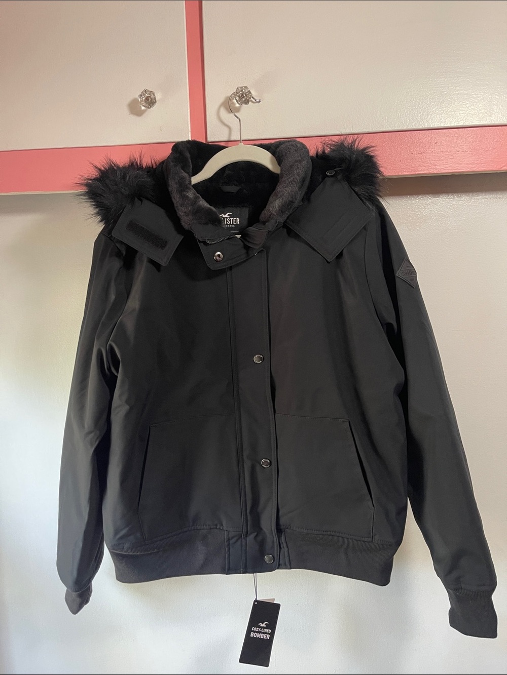 Hollister Black Faux-Fur Trim Hooded Bomber Jacket